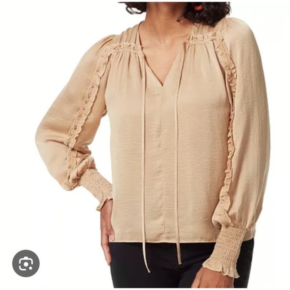 Sam Edelman Ruffle Trim V Neck Blouse Top Size M Long Sleeve Smocked Cuffs - Picture 1 of 8